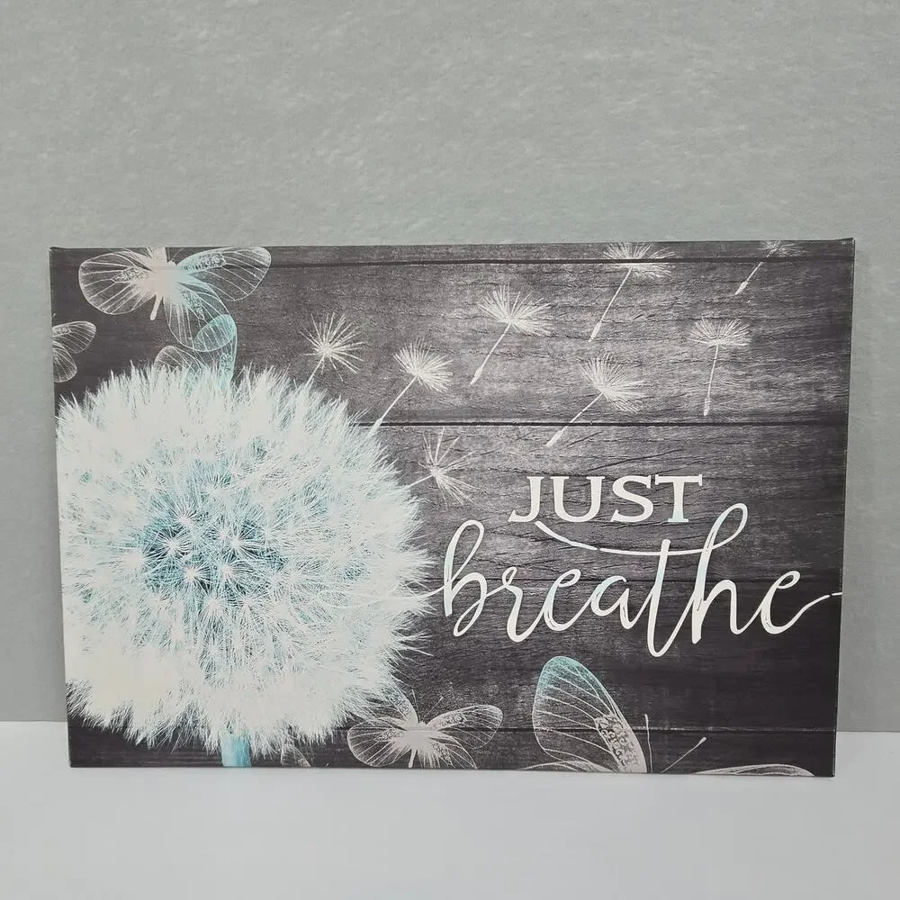Just Breathe Dandelion and Butterfly Vinyl Canvas Wall Art Decor 16x23x1 - NEW